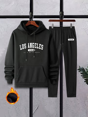 LA Men's 2Pcs Casual Crew Neck T Shirt Hooded Sweatshirt & Sweatpants Set
