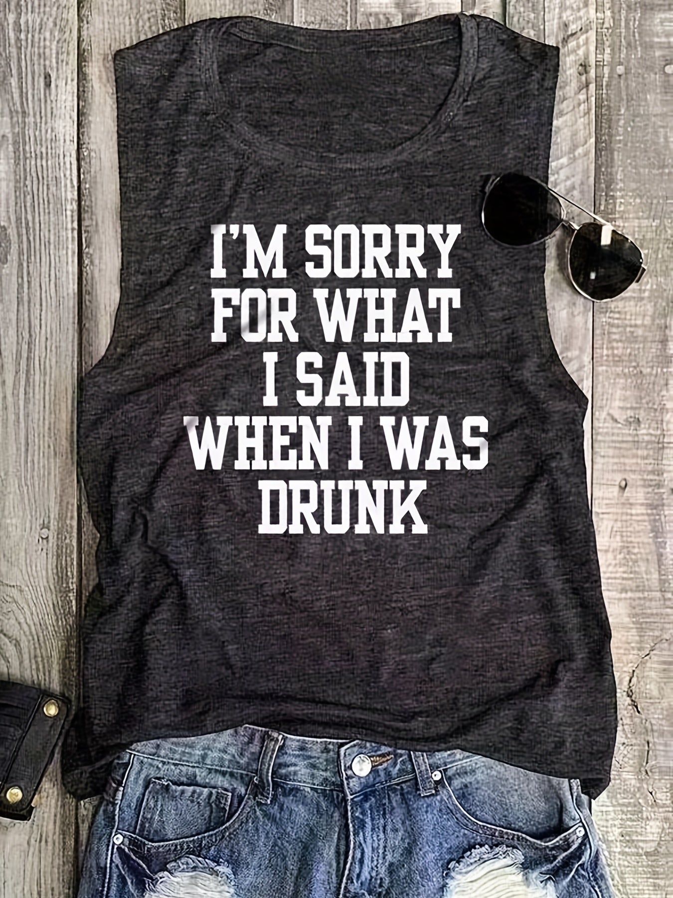 Funny Letter Print Tank Top Casual Crew Neck Summer Sleeveless Top