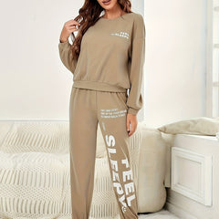 Letter Print Pajama Set Long Sleeve Top & Pants Women's Sleepwear