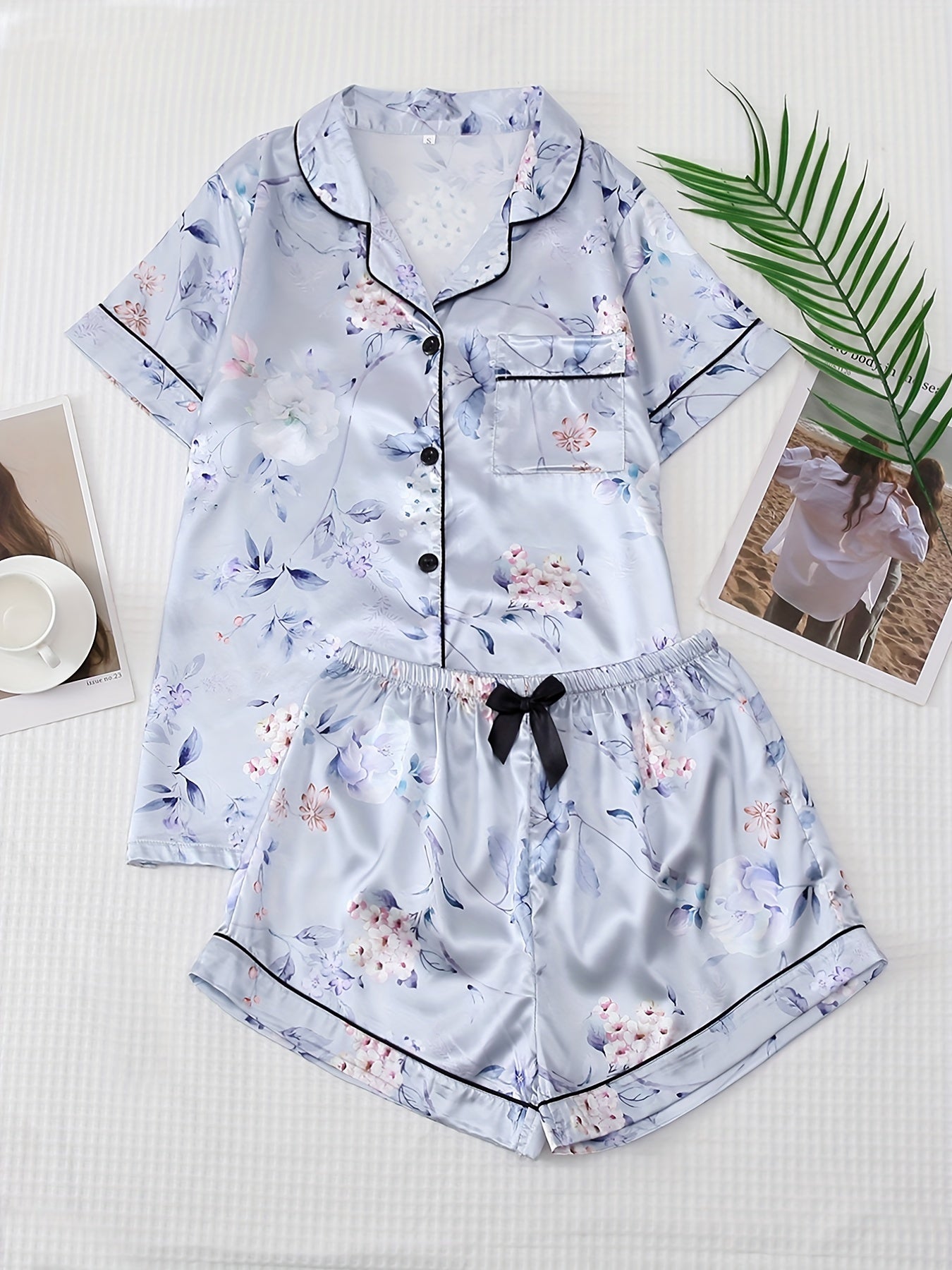 Floral Pajama Set Short Sleeve Top & Bow Shorts