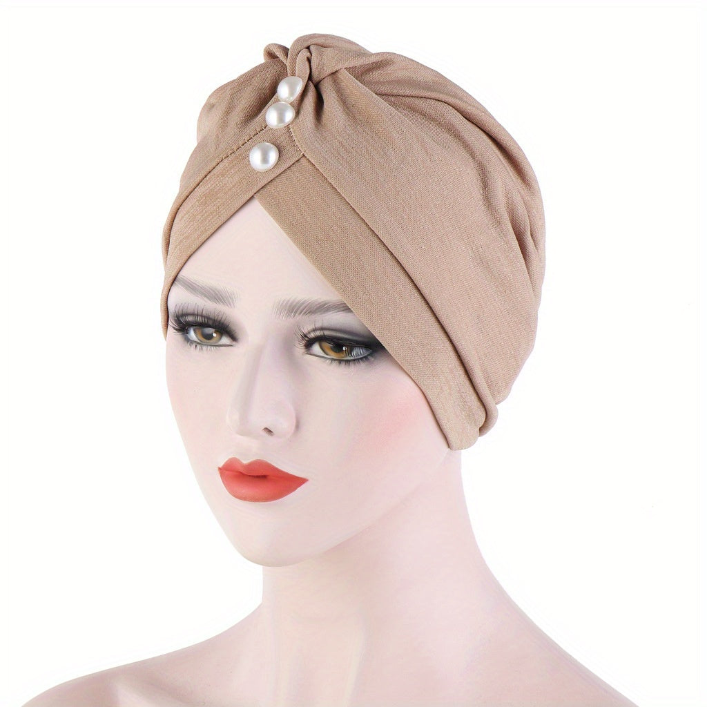 Faux Pearl Decor Turban Cap Solid Hijab Chemo Cap