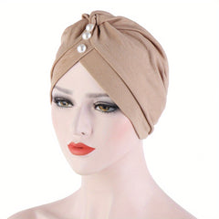 Faux Pearl Decor Turban Cap Solid Hijab Chemo Cap