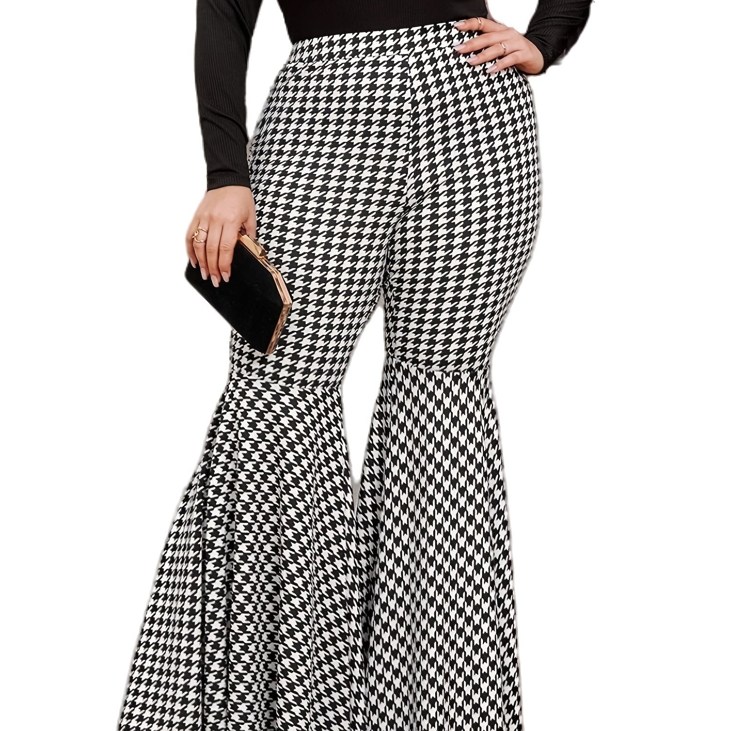 Houndstooth Flared Pants Retro High Rise Plus Women's