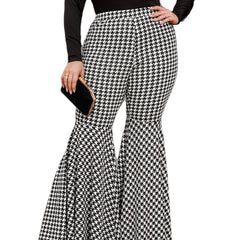 Houndstooth Flared Pants Retro High Rise Plus Women's