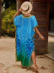 Boho Cover Up Dress Colorblock Leopard Print Bat Sleeve V Neck