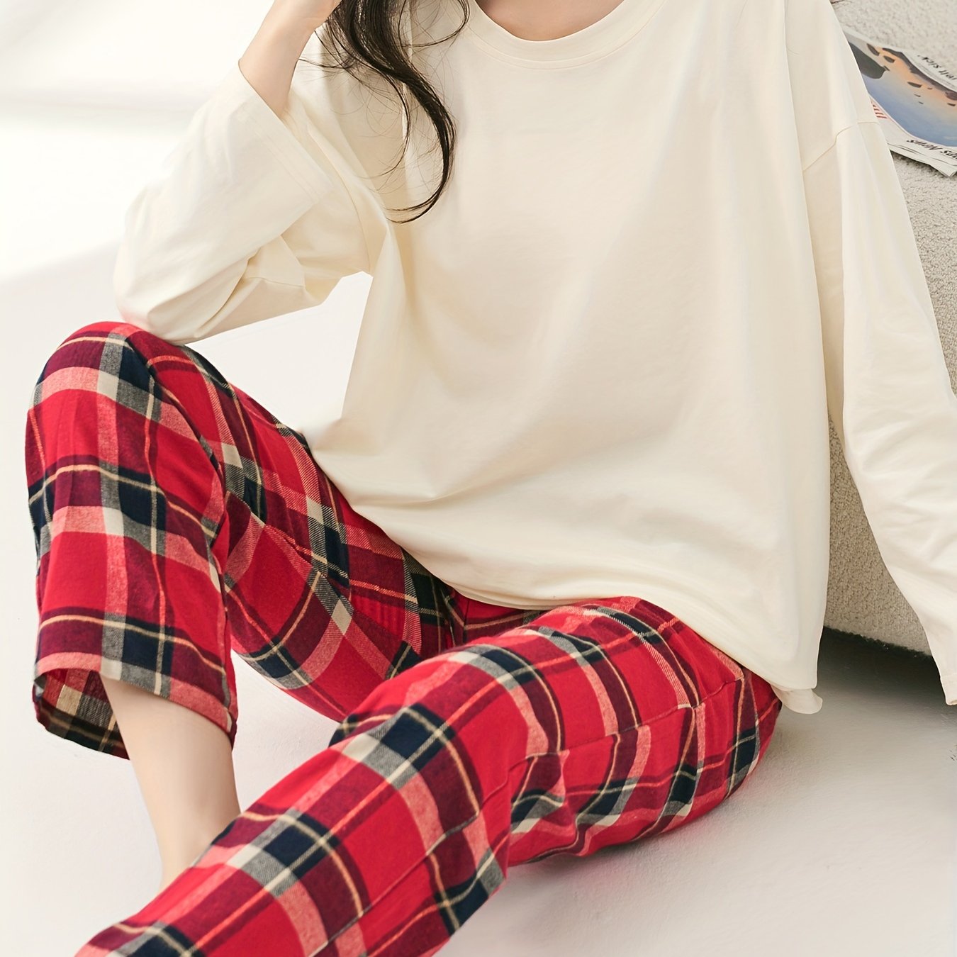 Soft Pajama Set Long Sleeve Top & Plaid Pants Women's Sleepwear