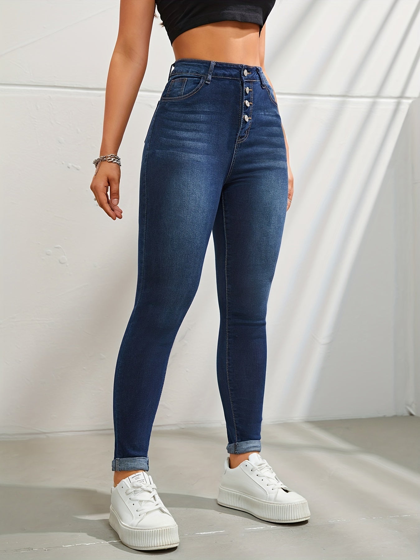 Dark Skinny Jeans Slim Fit Button Casual Denim Pants