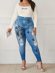 Women's Plus Denim & Floral Lion & Butterfly Print High Stretch Leggings