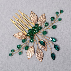 Green Crystal Leaf Charm Hair Comb Bridal Wedding Headwear