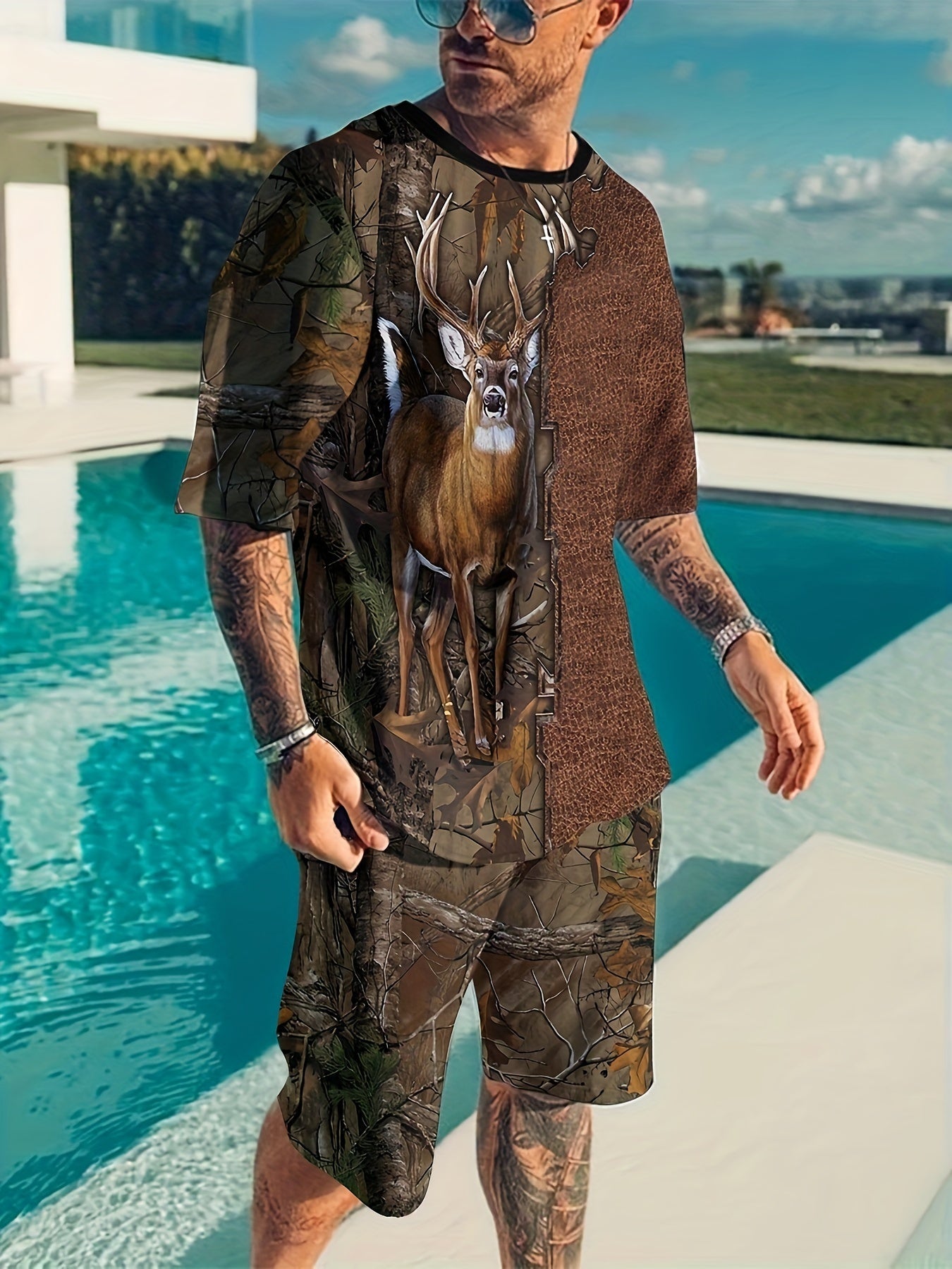 Deer And Branch 3d Pattern Men's 2 Piece Outfits T-shirt And Shorts Set