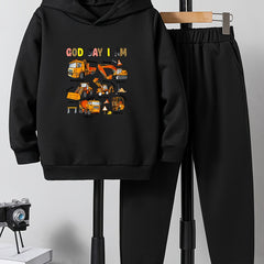 2pcs Truck Print Boys Hoodie & Solid Sweatpants Set