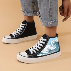 Women's High Top Canvas Skate Shoes with Wave Graphic