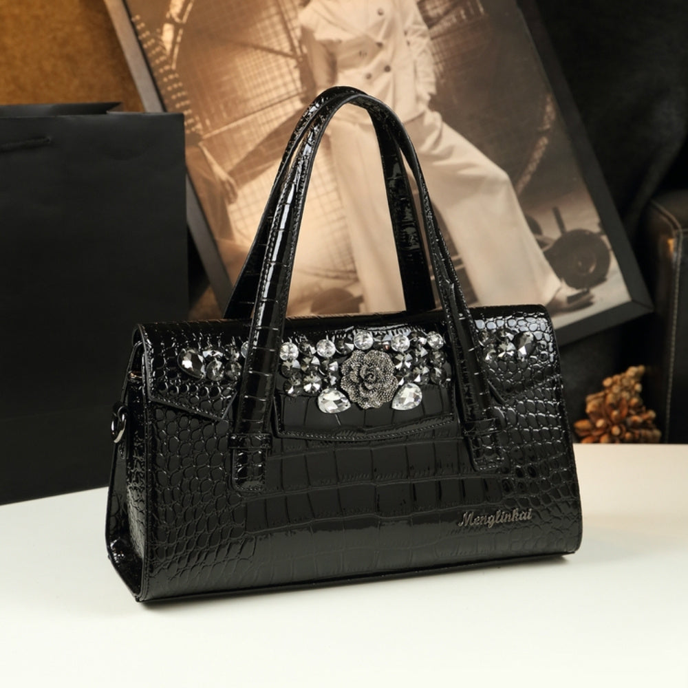 Women's Crocodile Handbag Sparkling Accents Large Capacity Purse Green