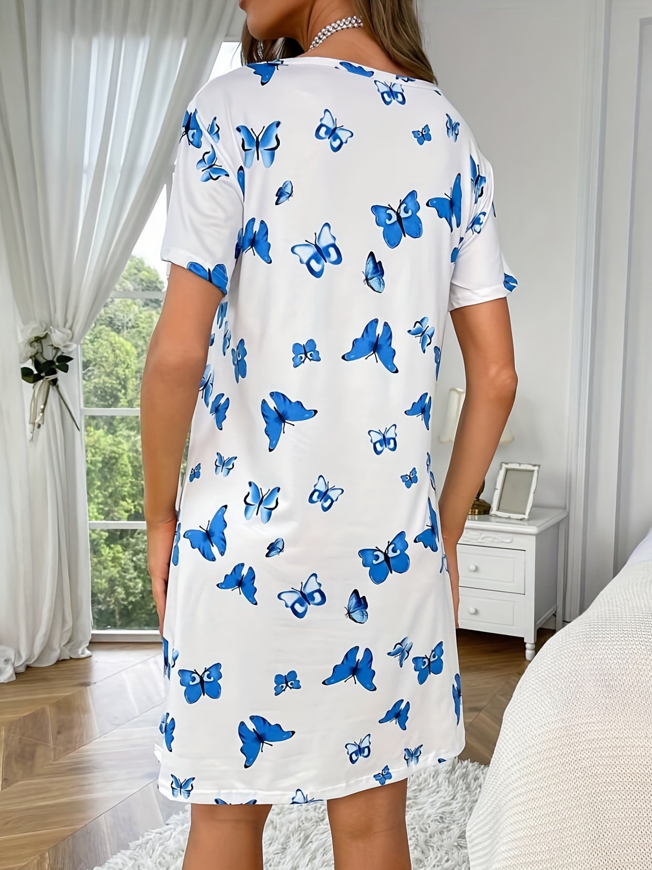 Butterflies Print Short Sleeve Pajama Dress