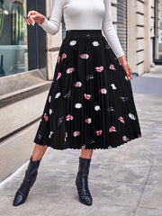 Feather Print Pleated Skirt Elastic Waist for Spring & Summer