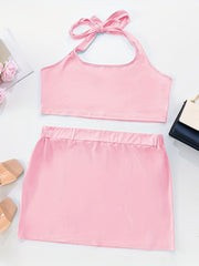 Solid Halter Neck Cami Top & Mini Skirt Set