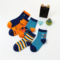 5 Pairs Boys Cartoon Crew Socks Breathable Comfy Children's Socks