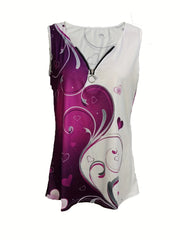 Women's Tank Top Heart & Floral Print Zipper V Neck