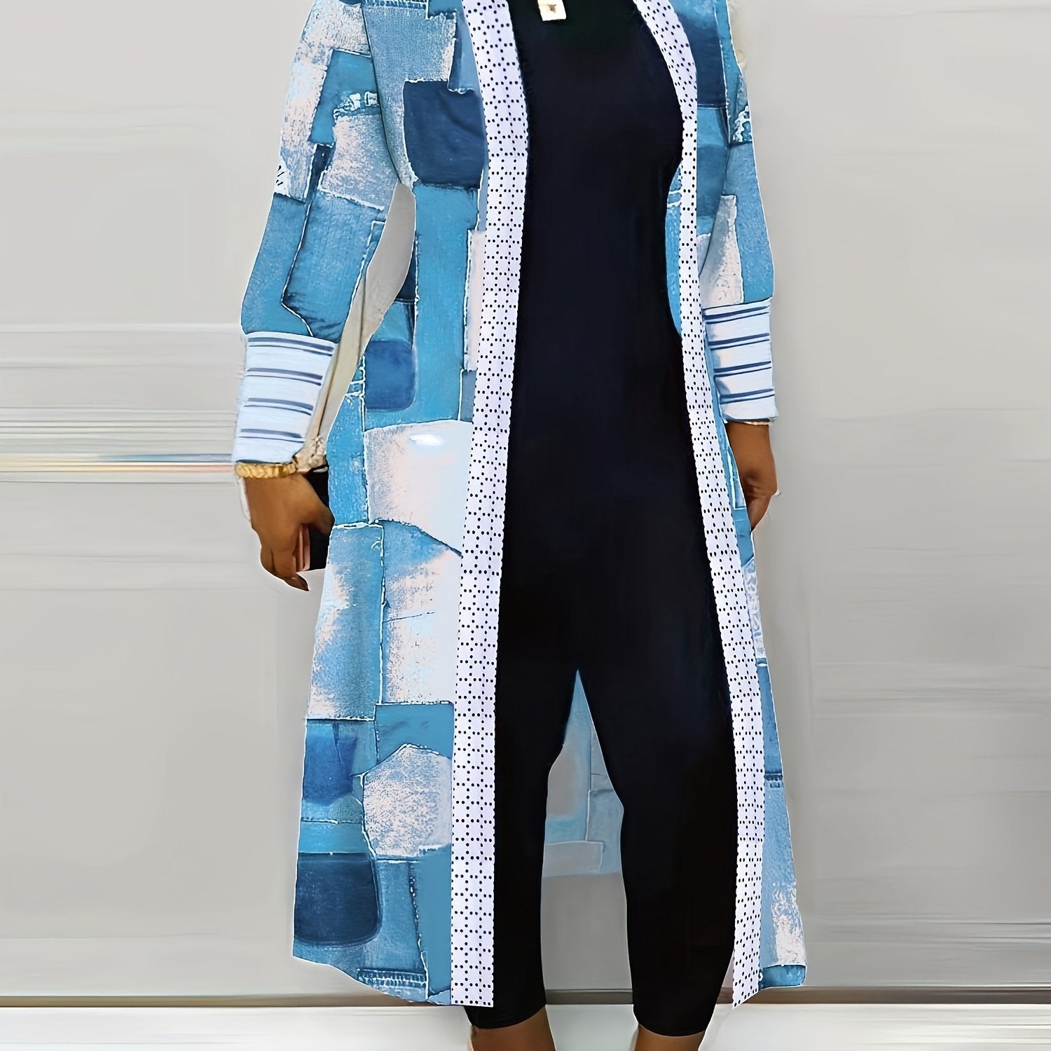 Denim Print Patchwork Knitted Cardigan Long Sleeve Outwear