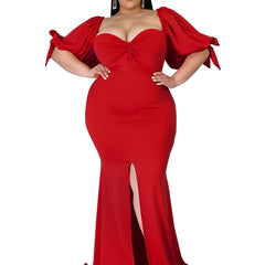 Puff Sleeve Bodycon Dress with High Split