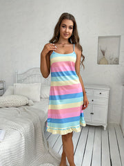 Rainbow Stripe Ruffle Slip Nightdress Women's Sleepwear Dress