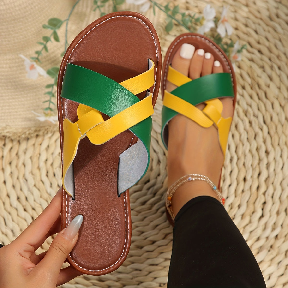 Women's Cross Strap Flat Slides Colorblock Open Toe Sandals