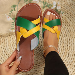 Women's Cross Strap Flat Slides Colorblock Open Toe Sandals