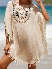 Boho Crochet Cover Up Tassel Decor Loose Fit Shirt Women's Swimwear