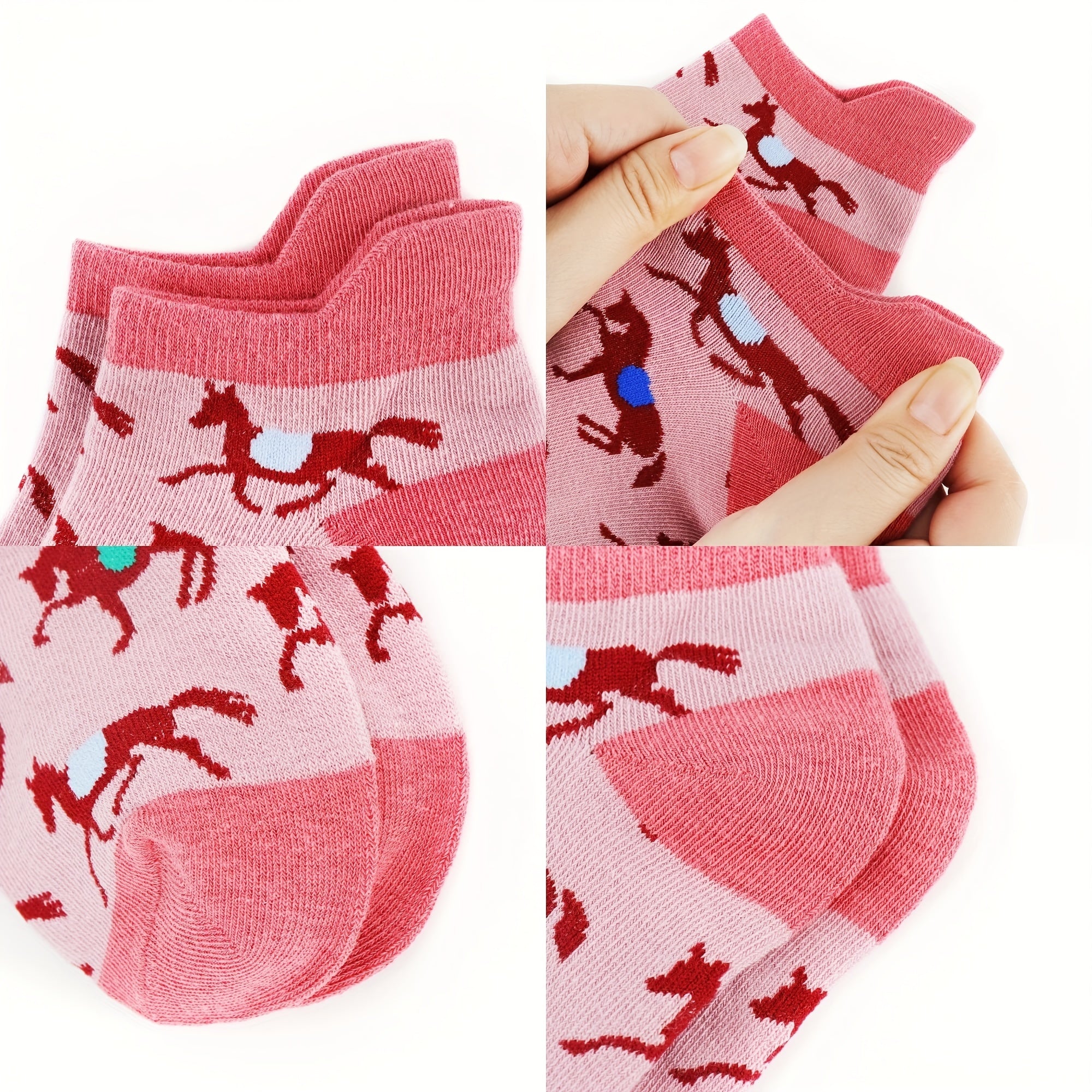 5 Pairs Girls Kids Cartoon Horse Ankle Socks - Cotton Blend
