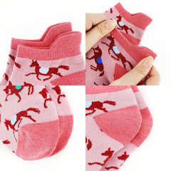 5 Pairs Girls Kids Cartoon Horse Ankle Socks - Cotton Blend