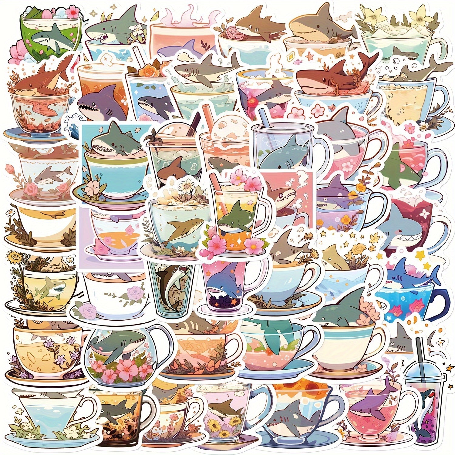 50pcs Cartoon Shark Cup Graffiti Stickers Waterproof
