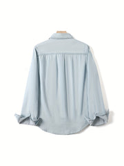 Casual Loose Fit Collared Denim Shirt Single Pocket Long Sleeved Denim Shirt
