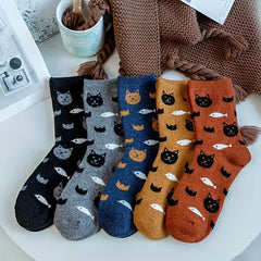 5 Pairs Cartoon Cat Print Socks Women's Mid Tube Stockings