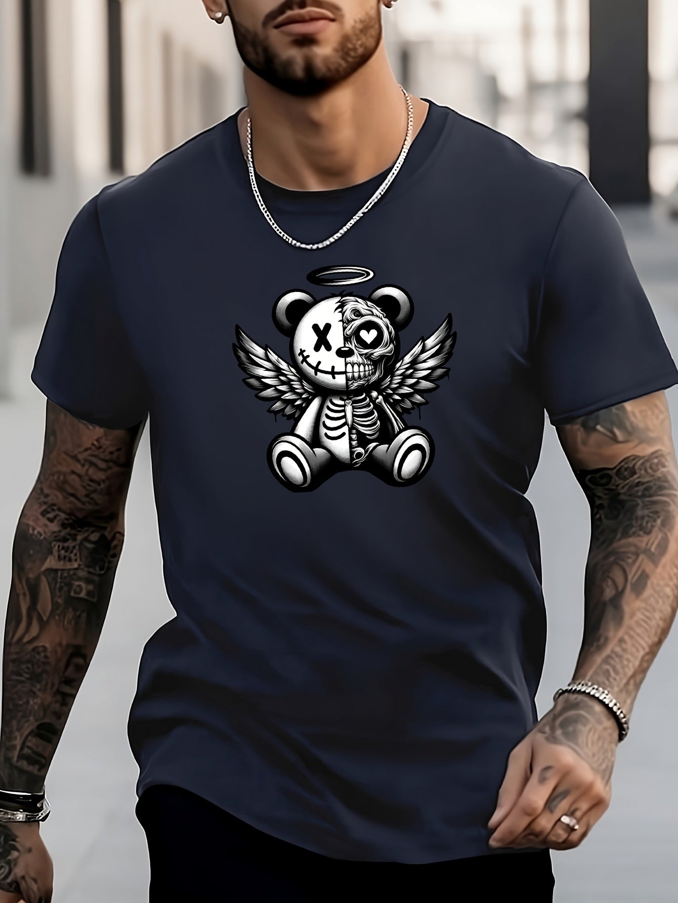 Men's Bear Pattern Shirt Casual Short Sleeve Tee Top