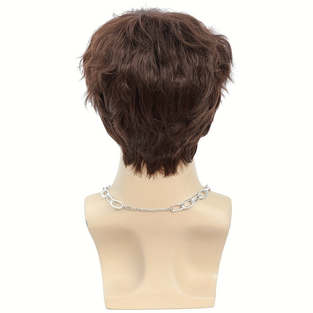 Brown Curly Hair With Bangs Men's Synthetic Wig For Daily Party