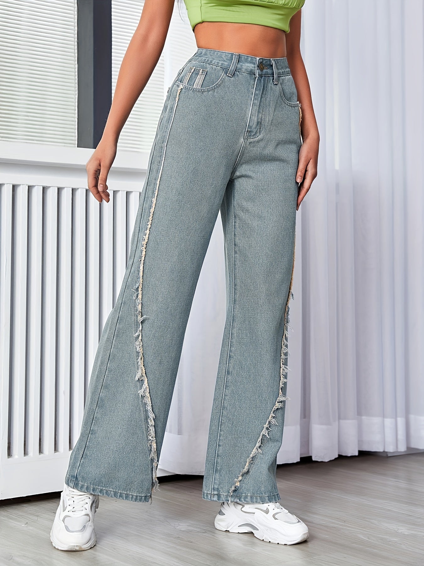 Raw Fringe Vintage Style Wide Leg Jeans High Rise Washed