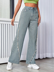 Raw Fringe Vintage Style Wide Leg Jeans High Rise Washed