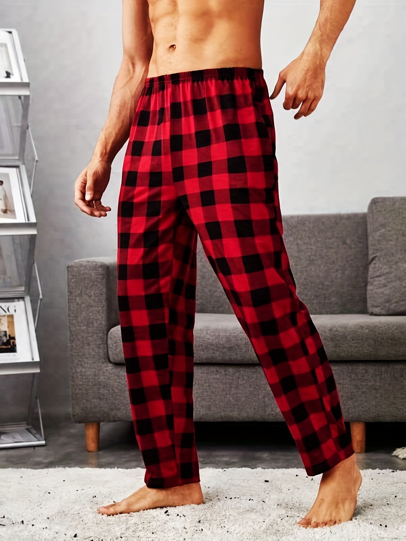 Men's Plaid Elastic Waist Pants Straight Leg Retro Casual Trousers