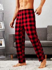 Men's Plaid Elastic Waist Pants Straight Leg Retro Casual Trousers