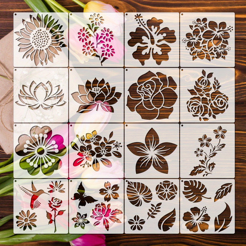 16pcs Reusable Flower Stencils with Metal Ring - DIY Painting Templates
