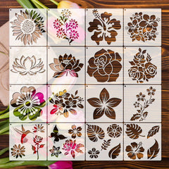 16pcs Reusable Flower Stencils with Metal Ring - DIY Painting Templates