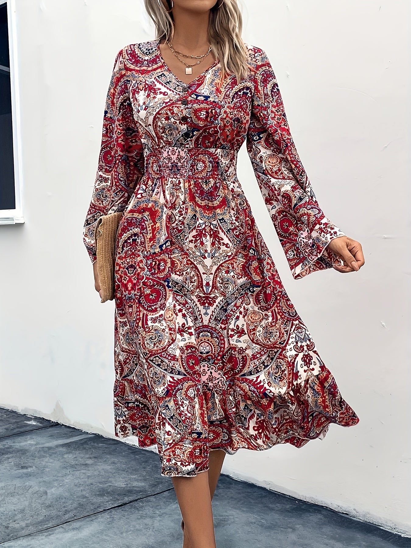 Boho Dress Paisley Floral Print V Neck Maxi Dress