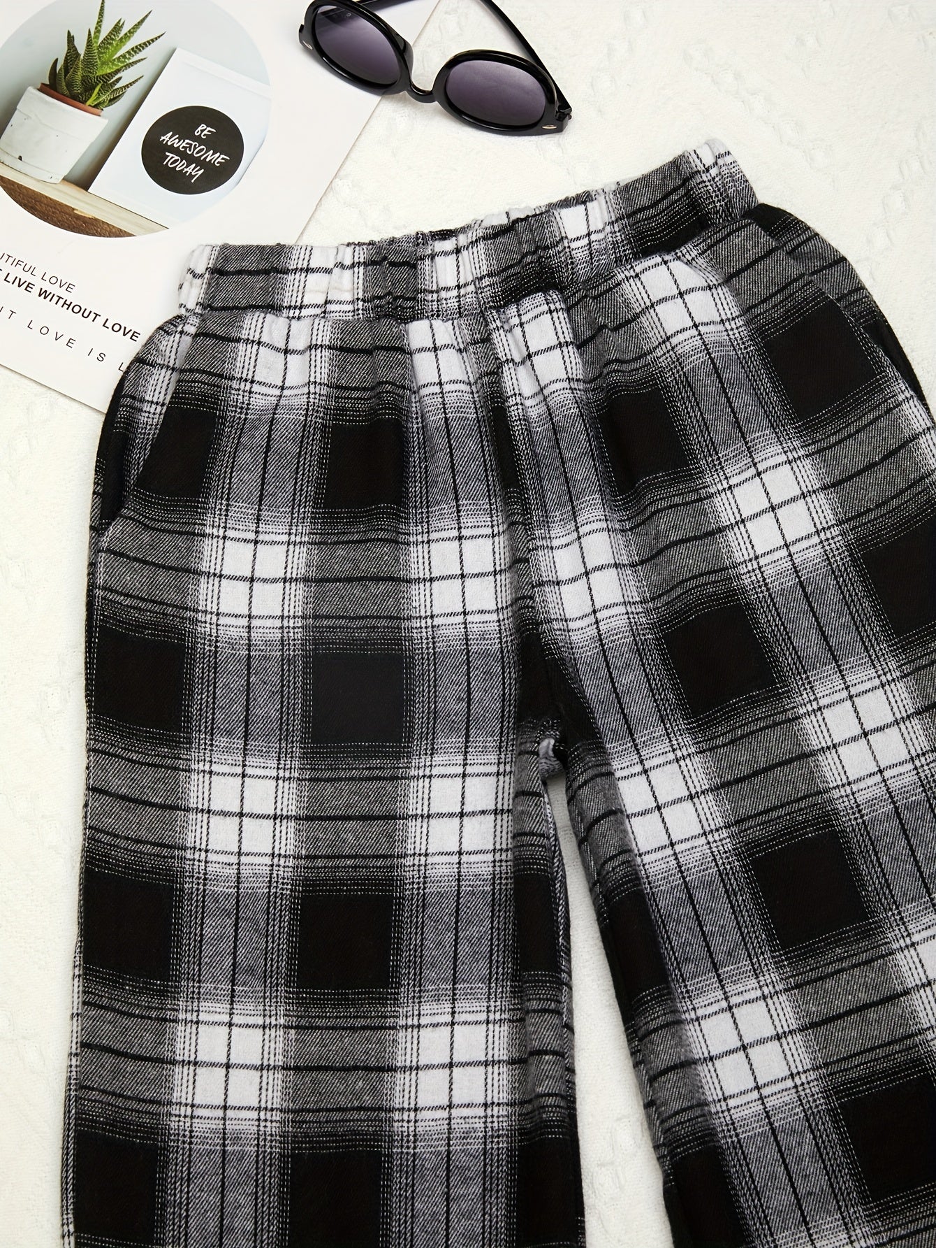 Girls' Plaid Wide Leg Trousers Loose Fit Street Style Kids Teens Outfit