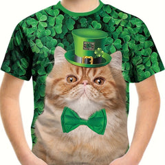 St Patrick's Cat Boy's Short Sleeve T shirt Breathable Loose Fitting