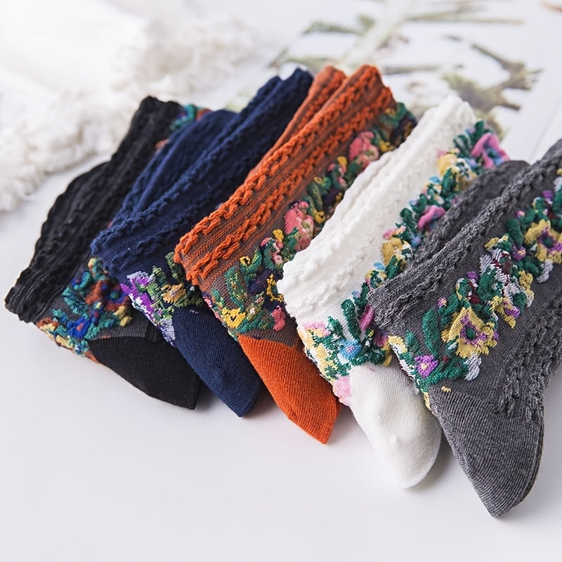5 Pairs Ethnic Style Socks Floral Embroidery Mid Tube Women's Stockings