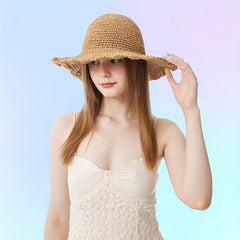 Brown Ruffles Straw Sun Hat Crochet Bucket Hat Wide Brim Beach Hats
