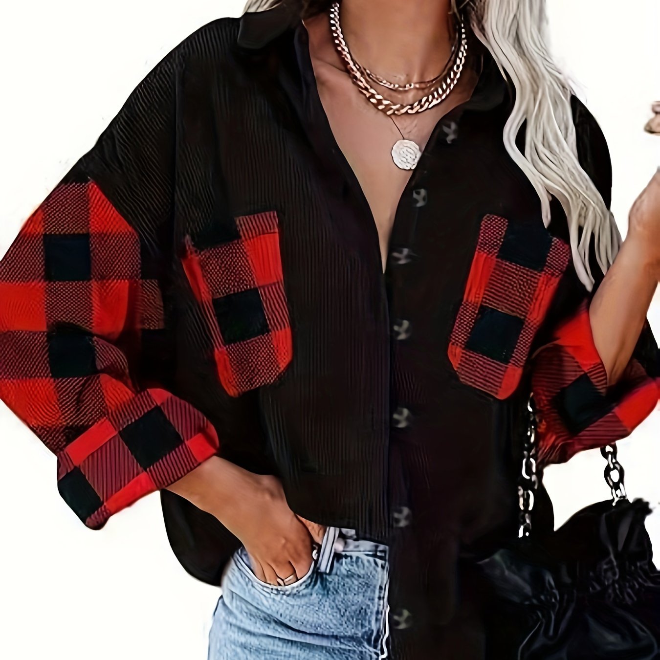 Colorblock Gingham Button Up Blouse