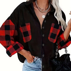 Colorblock Gingham Button Up Blouse