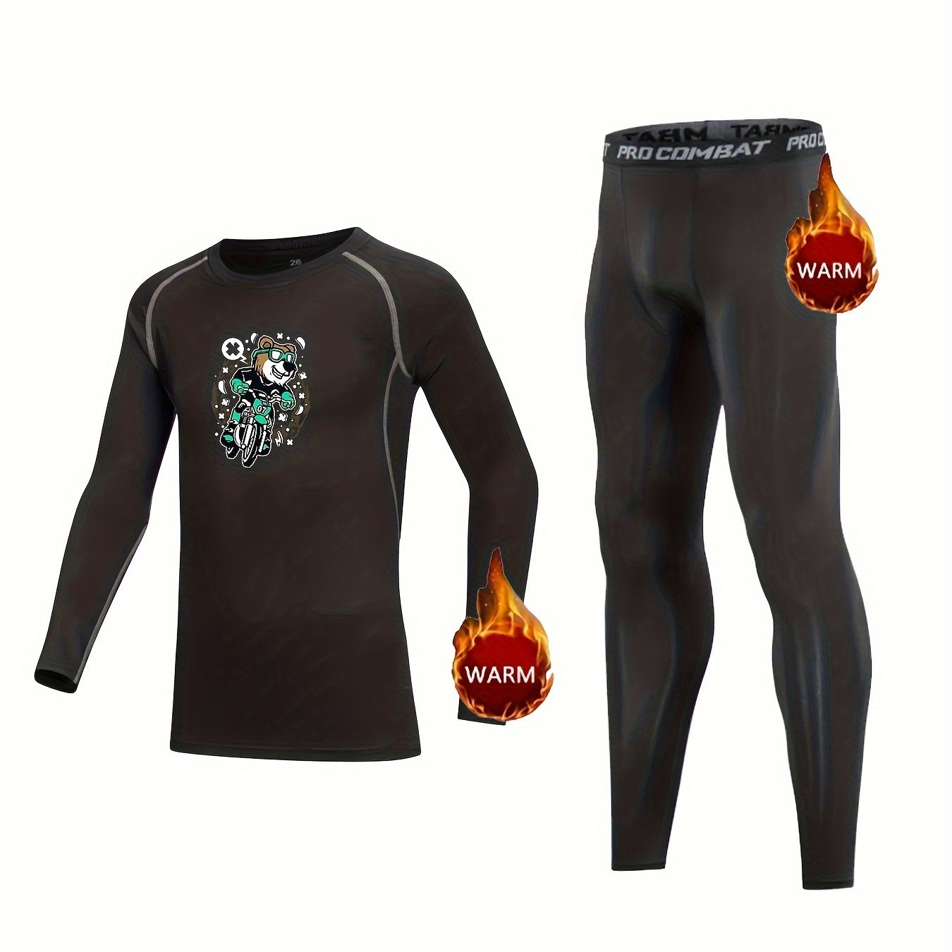 Kids Compression Fleece Sets Cartoon Pattern Pullover & Pants