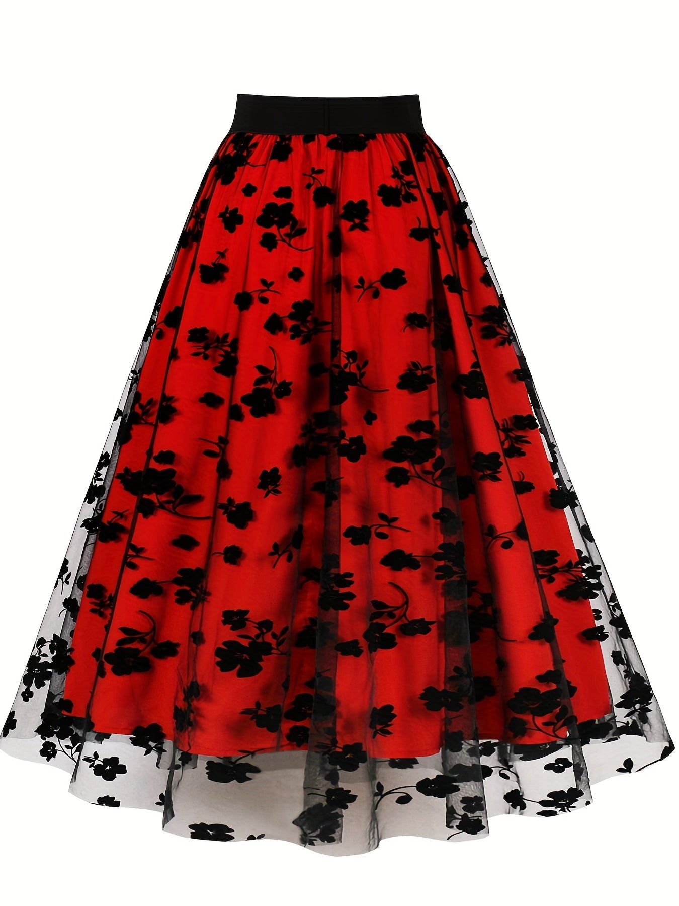 Floral Print Mesh High Rise A line Plus Size Skirt